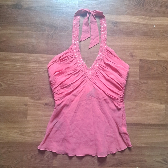 2/$35 Bebe Coral Pink Beaded Ruched Silk Halter Top - Picture 2 of 16